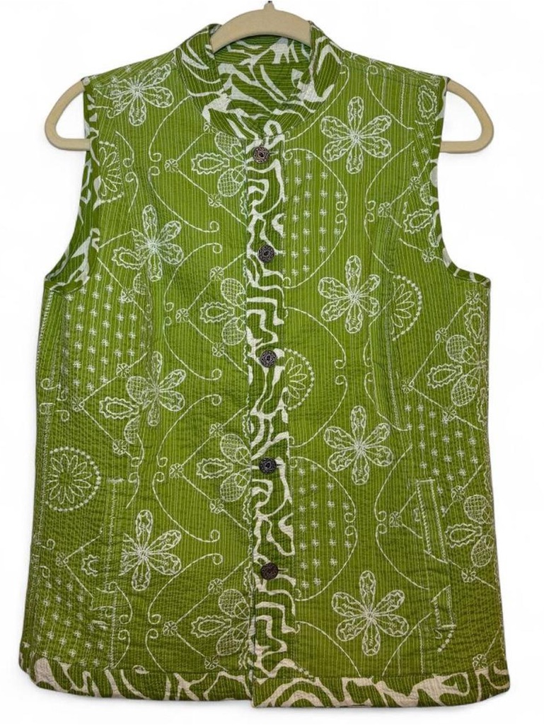 Sleeveless Green Floral-Print Button Front Vest